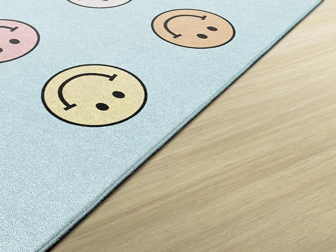 Flagship Carpets Schoolgirl Style Pastel Rainbow Smileys Criss-Cross Applesauce Educational Area Rug for Kids Room, Children's Classroom for Teaching and Playroom, 5' x 7'6", Multi, Seats 20 - LeafyLoom