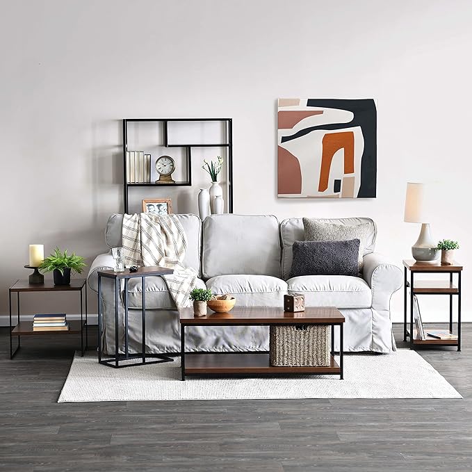 Household Essentials Jamestown Rectangular Coffee Table with Storage Shelf Mid Century Walnut Wood Grain and Black Metal - LeafyLoom