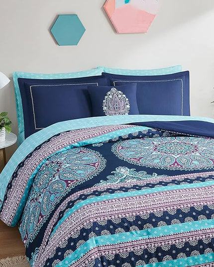 Degrees of Comfort Full Size Comforter Sets with Sheets, Blue Boho Mandala Teenage Girl Bedding, Bohemian Bed in A Bag, Microfiber Bed Set 8 Piece, Matching Decorative Pillow, Navy - LeafyLoom