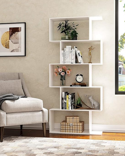 Yusong Bookshelf 5-Tier, Geometric Bookcase S Shaped Book Shelves for Bedroom, Modern Wood Decorative Display Shelf Book Case for Home Office, White - LeafyLoom