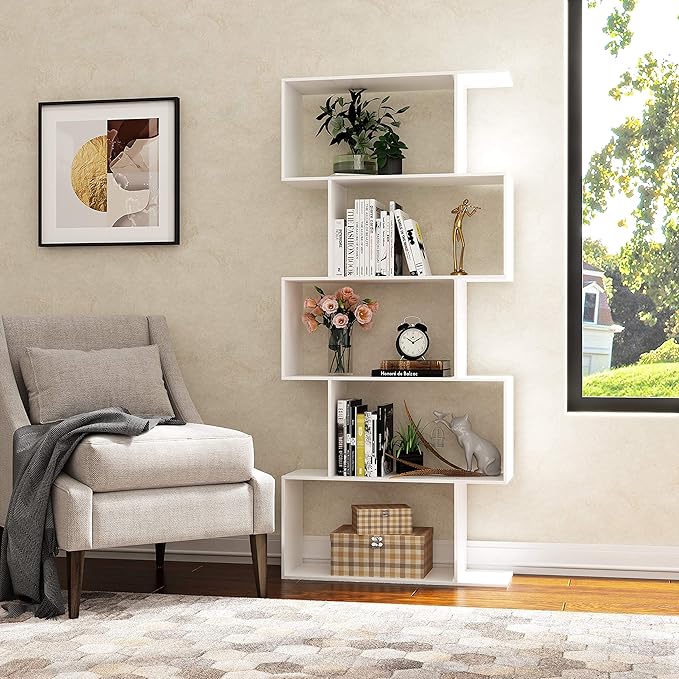 Yusong Bookshelf 5-Tier, Geometric Bookcase S Shaped Book Shelves for Bedroom, Modern Wood Decorative Display Shelf Book Case for Home Office, White - LeafyLoom