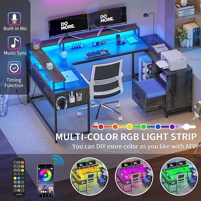 YITAHOME U Shaped Desk, L Shaped Desk with Drawers, Reversible Computer Desk with Power Outlets & LED Lights, Corner Desk Office Desk with Monitor Stand & Storage Shelves, Grey - LeafyLoom