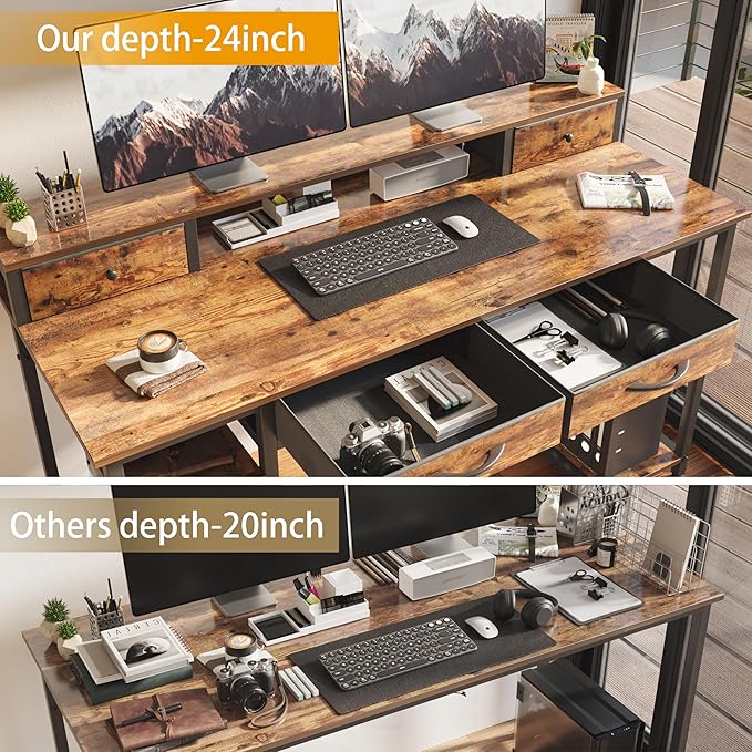 Treesland 55 Inch Computer Desk with Monitor Shelf, 24" Deep, Home Office Desks with Storage, Office Desk with 4 Drawers, Work Desk, Study Writing Desk, Desk with Drawers, Brown - LeafyLoom