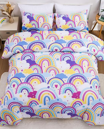 Btargot Lightweight Soft 3 Piece Rainbow Comforter Set with 2 Pillow Covers, Cartoon Love Hearts Flowers and Sun Star Bedding Set for Girls Boys Kids,Queen Light Purple - LeafyLoom