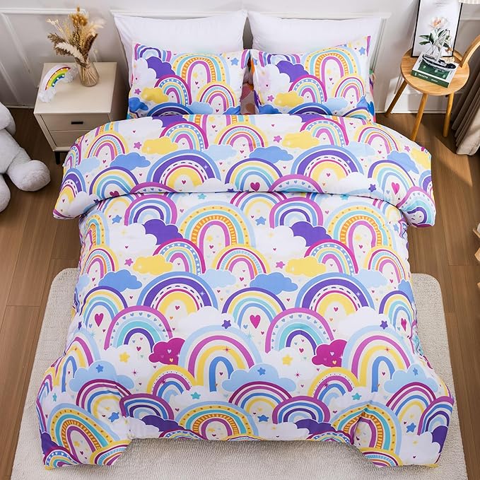 Btargot Lightweight Soft 3 Piece Rainbow Comforter Set with 2 Pillow Covers, Cartoon Love Hearts Flowers and Sun Star Bedding Set for Girls Boys Kids,Queen Light Purple - LeafyLoom