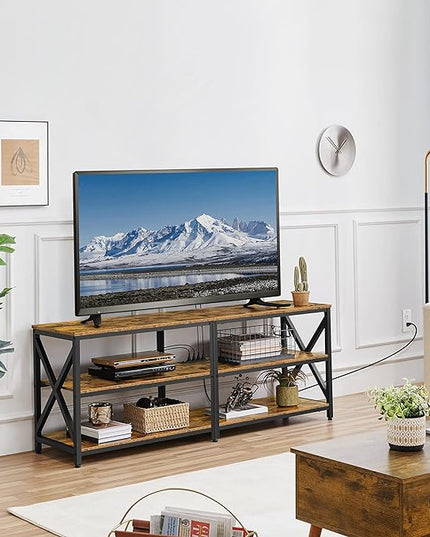 Yaheetech TV Stand with Power Outlet, Industrial TV Stand for 75 Inch TVs, Media TV Console Table with Open Storage Shelves for Living Room, Rustic Brown - LeafyLoom
