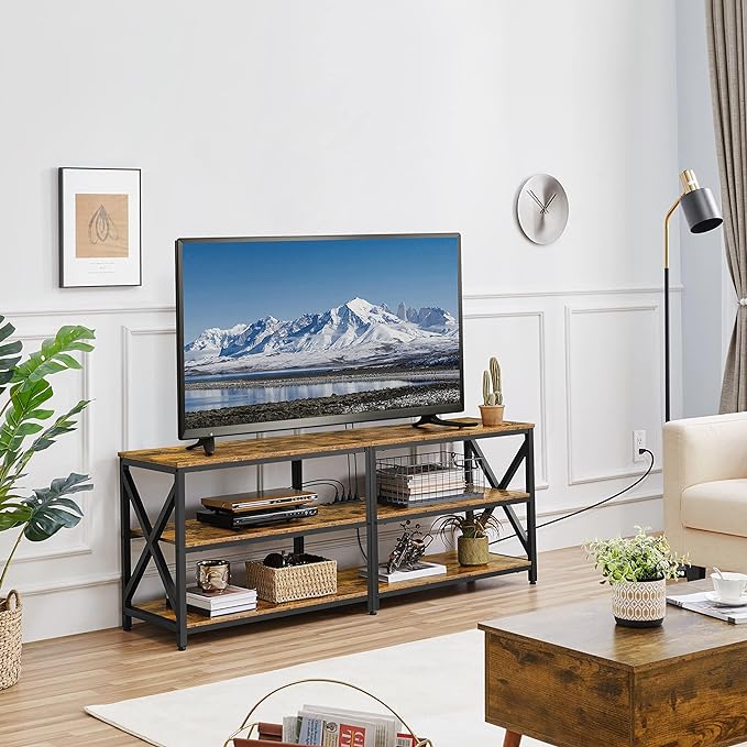 Yaheetech TV Stand with Power Outlet, Industrial TV Stand for 75 Inch TVs, Media TV Console Table with Open Storage Shelves for Living Room, Rustic Brown - LeafyLoom