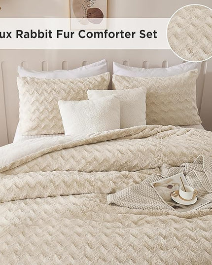 Andency Fleece Beige Comforter Set King, 3 Pieces Fuzzy Plush Faux Fur Bedding Comforter, Fluffy Shaggy Warm Sherpa Bed Set for Winter (104x90Inch Comforter) - LeafyLoom