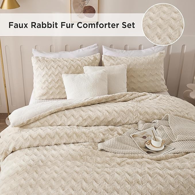 Andency Fleece Beige Comforter Set King, 3 Pieces Fuzzy Plush Faux Fur Bedding Comforter, Fluffy Shaggy Warm Sherpa Bed Set for Winter (104x90Inch Comforter) - LeafyLoom