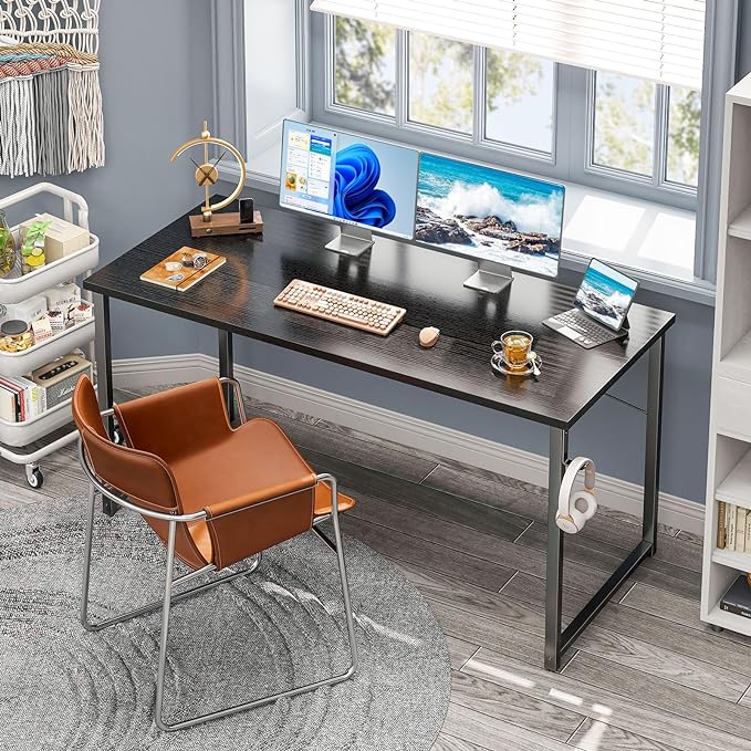 Coleshome 55 Inch Computer Desk, Modern Simple Style Desk for Home Office, Study Student Writing Desk, Black - LeafyLoom