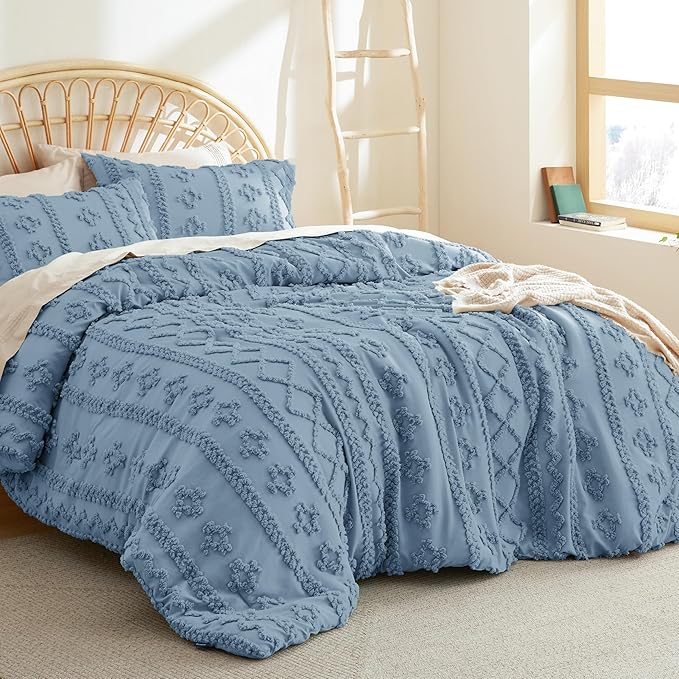 Bedsure Twin/Twin XL Comforter Set Dorm Bedding - Grayish Blue Boho Bedding Comforter Set, 2 Pieces Farmhouse Shabby Chic Embroidery Bed Set, Soft Jacquard Tufted Comforter for College - LeafyLoom