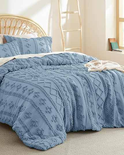Bedsure Tufted Boho Comforter Set Full - Grayish Blue Boho Bedding Comforter Set, 3 Pieces Farmhouse Shabby Chic Embroidery Bed Set, Soft Jacquard Comforter for All Seasons - LeafyLoom