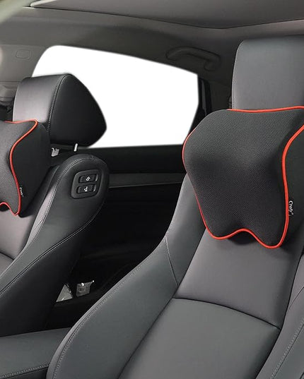 2 Pack Car Neck Pillow, Softness Car Headrest Pillow for Driving with Adjustable Strap, 100% Memory Foam and Breathable Removable Cover, Comfortable Ergonomic Design (Red Side Rope) - LeafyLoom