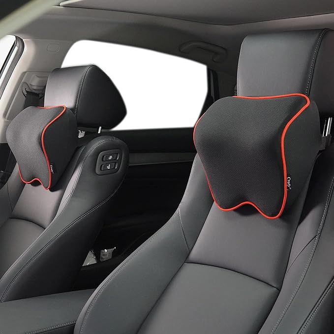 2 Pack Car Neck Pillow, Softness Car Headrest Pillow for Driving with Adjustable Strap, 100% Memory Foam and Breathable Removable Cover, Comfortable Ergonomic Design (Red Side Rope) - LeafyLoom