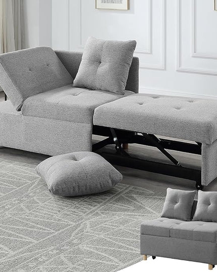 4-in-1 Convertible Sleeper Sofa, Single Pull Out Couch Chair with 6-Level Adjust Backrest Loveseat with Storage and Pillows, Modern Recliner for Living Room Apartment Office, Light Grey - LeafyLoom