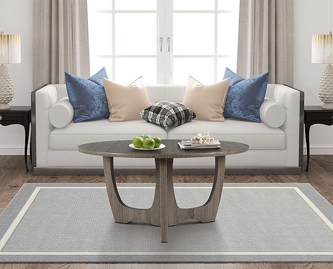 FINECASA Wooden Coffee Table, Curved Leg Coffee Table, Round Coffee Table for Living Room, Accent Couch,Home Decoration, Living Room Tables, 36 x 18 Inches, Grey - LeafyLoom