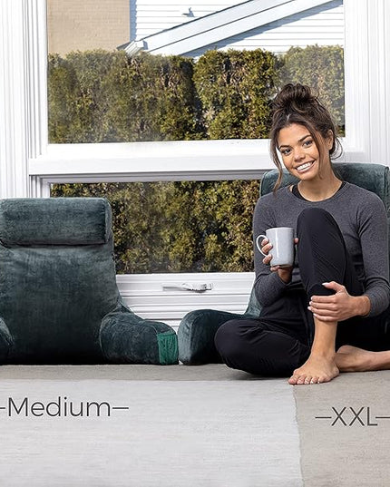Husband Pillow XXL Dark Green Backrest with Arms - Adult Reading Pillow Shredded Memory Foam, Ultra-Comfy Removable Microplush Cover & Detachable Neck Roll, Unmatched Support Bed Rest Sit Up Pillow - LeafyLoom
