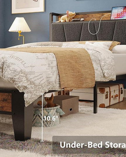 LIKIMIO Twin XL Bed Frames, Storage Headboard with Charging Station, Solid and Stable, Noise Free, No Box Spring Needed, Easy Assembly - LeafyLoom