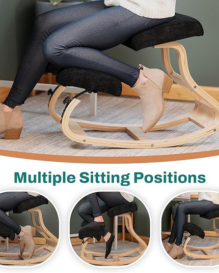 Ergonomic Kneeling Chair - A Rocking Ergo Knee Chair and Wooden Desk Chair designed for Home Office Study and Posture Chair Support, Reduce Neck and Back Pressure - Velvet Black - LeafyLoom