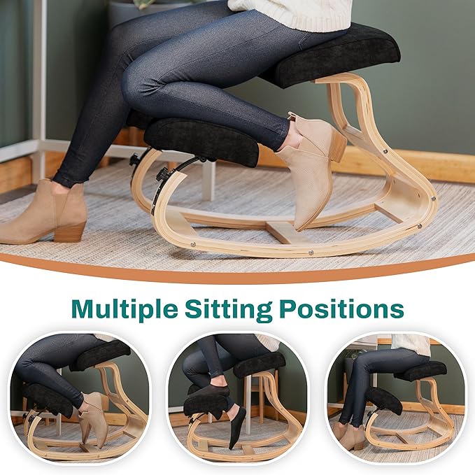 Ergonomic Kneeling Chair - A Rocking Ergo Knee Chair and Wooden Desk Chair designed for Home Office Study and Posture Chair Support, Reduce Neck and Back Pressure - Velvet Black - LeafyLoom