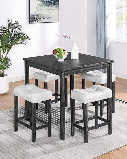 Home Kitchen 5 Piece Dining Set, Breakfast 4 Padded Stools, Industrial Bar Table & Chairs Furniture for Living Room, Apartment, Space-Saving Design, White+Black - LeafyLoom
