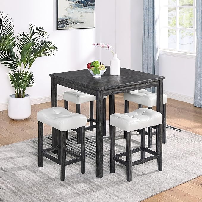 Home Kitchen 5 Piece Dining Set, Breakfast 4 Padded Stools, Industrial Bar Table & Chairs Furniture for Living Room, Apartment, Space-Saving Design, White+Black - LeafyLoom
