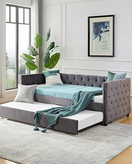 Twin Size Velvet Upholstered Daybed with Twin Trundle, Solid Wood Sofa Bed w/Button Tufted Backrest, for Living Room, Bedroom, Dorm, No Box Spring Needed, Space-Saving Design, Grey - LeafyLoom