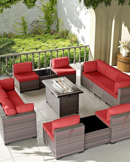 Kullavik 13 Pieces Outdoor Patio Furniture Set with 43" 55000BTU Gas Propane Fire Pit Table PE Wicker Rattan Sectional Sofa Patio Conversation Sets,Red - LeafyLoom