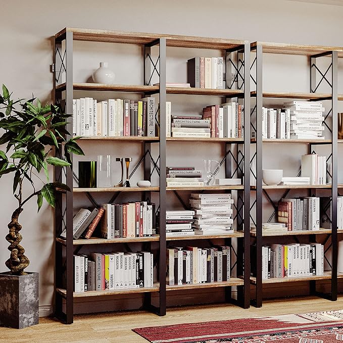 IRONCK Bookshelves Double Wide 6-Tier 76" H, Open Large Bookcase, Industrial Style Shelves for Home Office, Easy Assembly - LeafyLoom