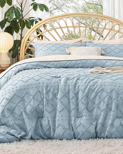 Bedsure Full Size Comforter Set - Dusty Blue Comforter, Boho Tufted Shabby Chic Bedding Comforter Set, 3 Pieces Farmhouse Bed Set for All Seasons, Fluffy Soft Bedding Set with 2 Pillow Shams - LeafyLoom
