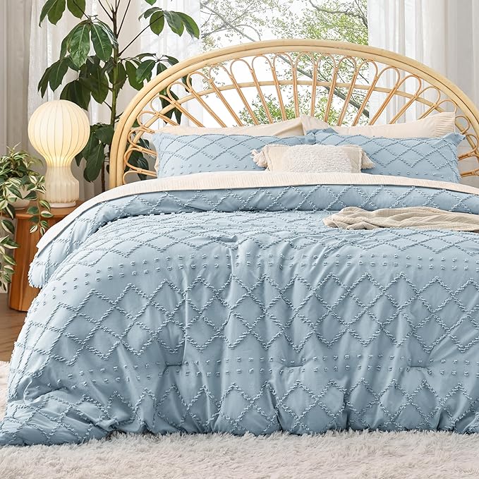 Bedsure Full Size Comforter Set - Dusty Blue Comforter, Boho Tufted Shabby Chic Bedding Comforter Set, 3 Pieces Farmhouse Bed Set for All Seasons, Fluffy Soft Bedding Set with 2 Pillow Shams - LeafyLoom