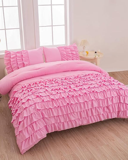 Girls Comforter Sets Full, Multi-Layers Ruffled Full Size Bedding Set for Girls, Pink Full size Comforter Set for Girls, 5 Pcs Bed in a Bag for Girls, Teen Comforter Set for Girls - LeafyLoom