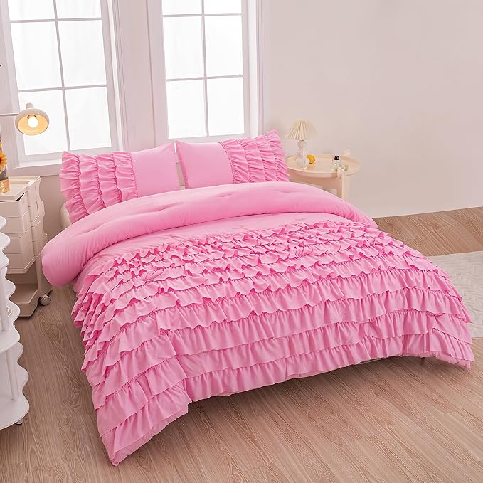 Girls Comforter Sets Full, Multi-Layers Ruffled Full Size Bedding Set for Girls, Pink Full size Comforter Set for Girls, 5 Pcs Bed in a Bag for Girls, Teen Comforter Set for Girls - LeafyLoom