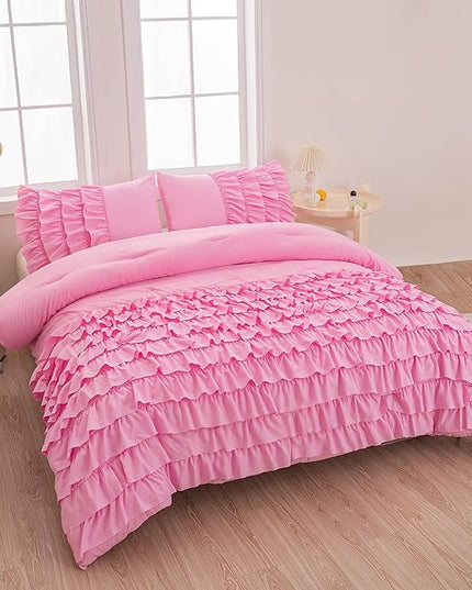 Pink Twin Comforter Set for Girls, 5 Pcs Bed in a Bag Twin for Teen Girls, Princess Bedding Set for Girls, Twin Size Comforter Sets for Girls with 1 Fitted Sheet and 1 Flat Sheet - LeafyLoom