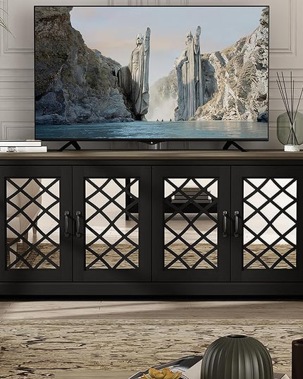 Galano Millicent TV Stand for up to 75 Inch TV, Farmhouse Entertainment Center with Mirror Doors & Storage Shelves, Rustic Media Console Cabinet for Living Room, Black Knotty Grey Oak - LeafyLoom