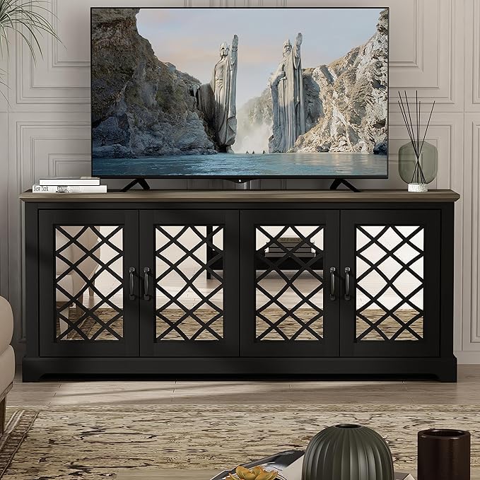 Galano Millicent TV Stand for up to 75 Inch TV, Farmhouse Entertainment Center with Mirror Doors & Storage Shelves, Rustic Media Console Cabinet for Living Room, Black Knotty Grey Oak - LeafyLoom