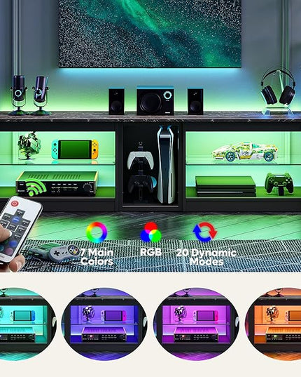Bestier TV Stand for 70 inch TV, Gaming Entertainment Center for PS5, LED TV Cabinet with Glass Shelves for Living Room, 63'' Inch, Black Marble - LeafyLoom