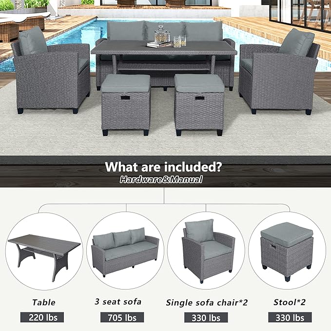 7 Pieces Patio Furniture Outdoor Sectional Sofa Conversation Set All Weather Wicker Rattan Couch Dining Table & Chair with Ottoman, OneSize, Cb-Grey - LeafyLoom