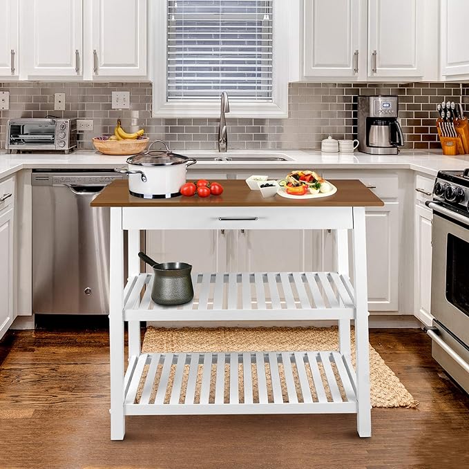 Casual HOME Kitchen Island with Solid American Top, White & Cherry Natural - LeafyLoom