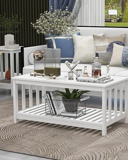 TaoHFE White Modern Coffee Table with Storage Shelf 2-Tier Living Room Table Rectangular Center Table 40 Inch Wooden Coffee Tables for Living Room Furniture for Living Room, Meeting Room, Office - LeafyLoom
