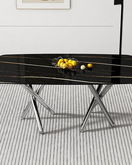 NicBex Large Modern Minimalist Rectangular Dining Table with 0.39 "Imitation Marble Black Tabletop and Silver Metal Legs for Kitchens, Living Rooms, Conference Rooms, and Banquet Halls, Black - LeafyLoom