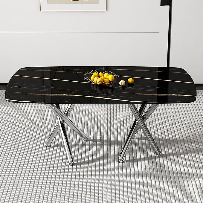 NicBex Large Modern Minimalist Rectangular Dining Table with 0.39 "Imitation Marble Black Tabletop and Silver Metal Legs for Kitchens, Living Rooms, Conference Rooms, and Banquet Halls, Black - LeafyLoom
