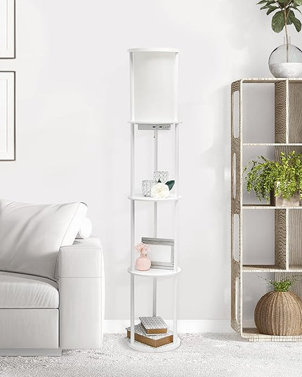 Simple Designs 62.5" LF2010-WHT Round Modern Shelf Etagere Organizer Storage Floor Lamp with 2 USB Charging Ports, 1 Charging Outlet and Linen Shade for Living Room Bedroom Office, White - LeafyLoom