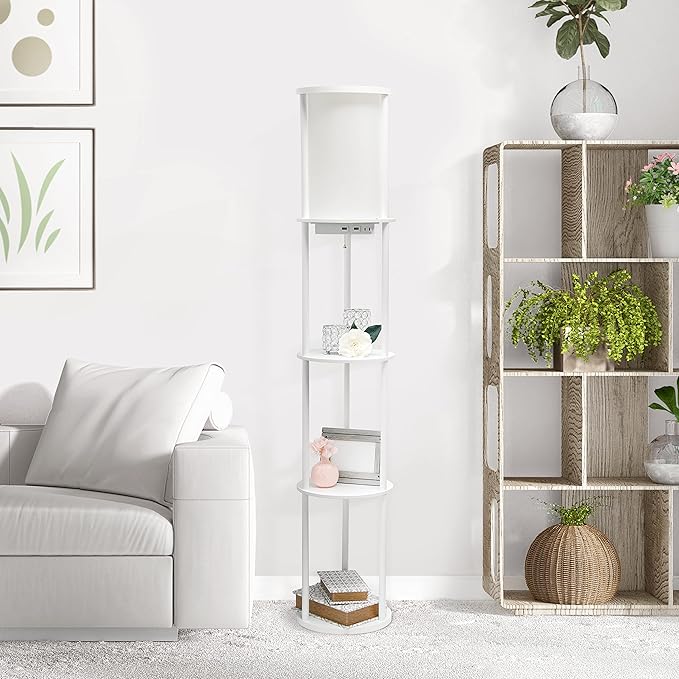 Simple Designs 62.5" LF2010-WHT Round Modern Shelf Etagere Organizer Storage Floor Lamp with 2 USB Charging Ports, 1 Charging Outlet and Linen Shade for Living Room Bedroom Office, White - LeafyLoom