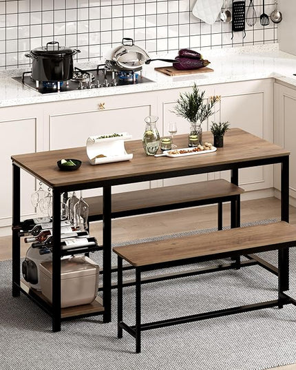 3-Piece Kitchen Table for 4, 54.7" Dining Table Set with 2 Benches, Dining Room Table with MDF Wood Board, Storage Shelf, Wine and Glass Rack, Industrial (Brown) - LeafyLoom