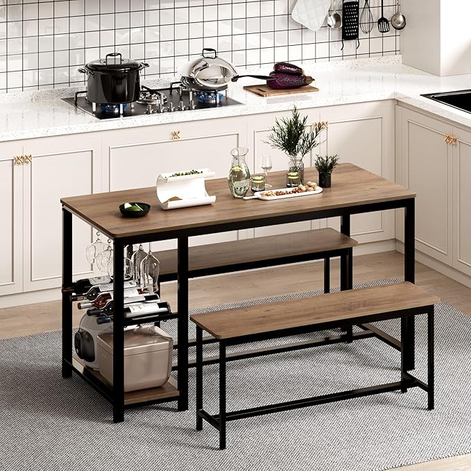 3-Piece Kitchen Table for 4, 54.7" Dining Table Set with 2 Benches, Dining Room Table with MDF Wood Board, Storage Shelf, Wine and Glass Rack, Industrial (Brown) - LeafyLoom