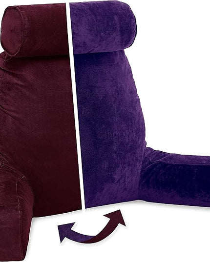 Husband Pillow XXL Aspen Edition, Adult Reading Sit Up Bed Rest Pillow for Bed with Arms & Neck Roll on Bungee Cord - Premium Memory Foam - Reversible 2 Sided Cover Micro Suede or Plush, Mauve Purple - LeafyLoom