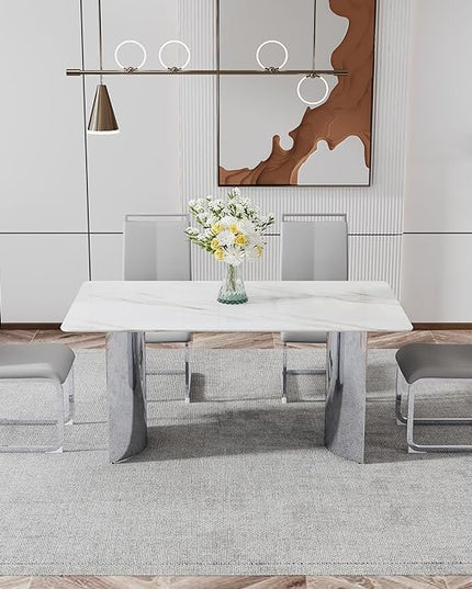NicBex Modern Minimalist Dining Table White Imitation Marble Glass Sticker Desktop Stainless Steel Legs Stable and Beautiful Suitable for Living Room and Dining Room, White + Silver - LeafyLoom