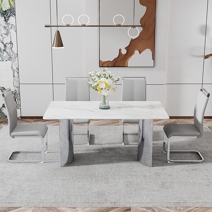 NicBex Modern Minimalist Dining Table White Imitation Marble Glass Sticker Desktop Stainless Steel Legs Stable and Beautiful Suitable for Living Room and Dining Room, White + Silver - LeafyLoom