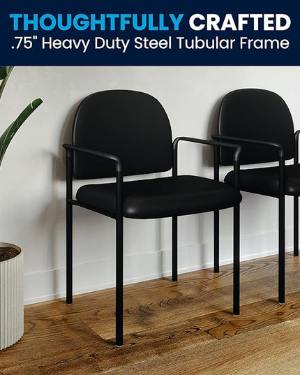 Flash Furniture Tiffany Side Reception Chair with Padded Armrests, Stackable Vinyl Waiting Room Chair for Commercial or Residential Use, Black - LeafyLoom